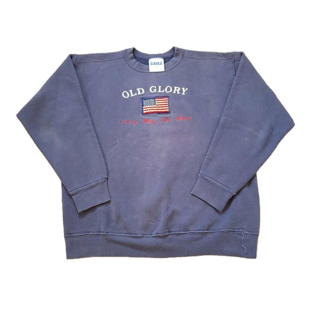 Vintage 90s Old Glory American Flag Sz Large USA Made Faded Blue Sweatshirt